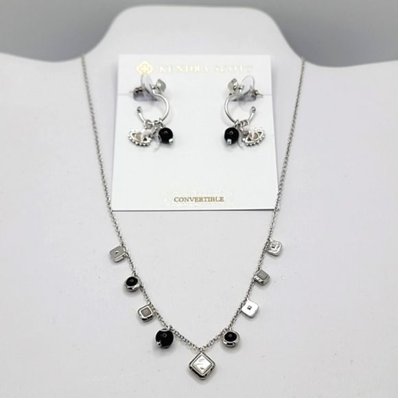 NWT KENDRA SCOTT GEMMA NECKLACE AND EARRINGS SET BLACK WHITE SILVER - Picture 2 of 8